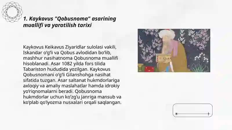 Kaykovus "Qobusnoma asarini oʻqib tahlil qilish 3