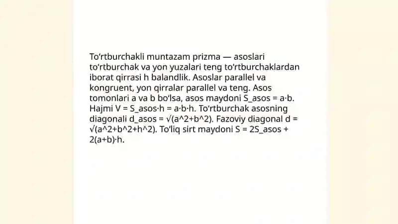 Toʻrtburchakli muntazam prizma 3