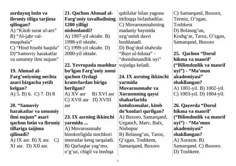 O'zbekiston tarixi fanidan tuzilgan test 3