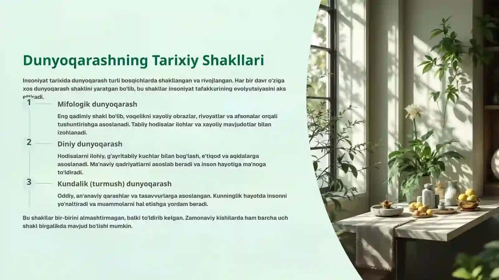 Dunyoqarashning mohiyati, tuzilishi va asosiy funksiyalari mavzusida tayyor mustaqil ta'lim ishi 3