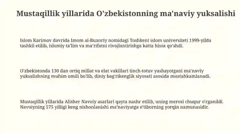 Mustaqillik yillarida O'zbekistonning ma'naviy yuksalishi 3
