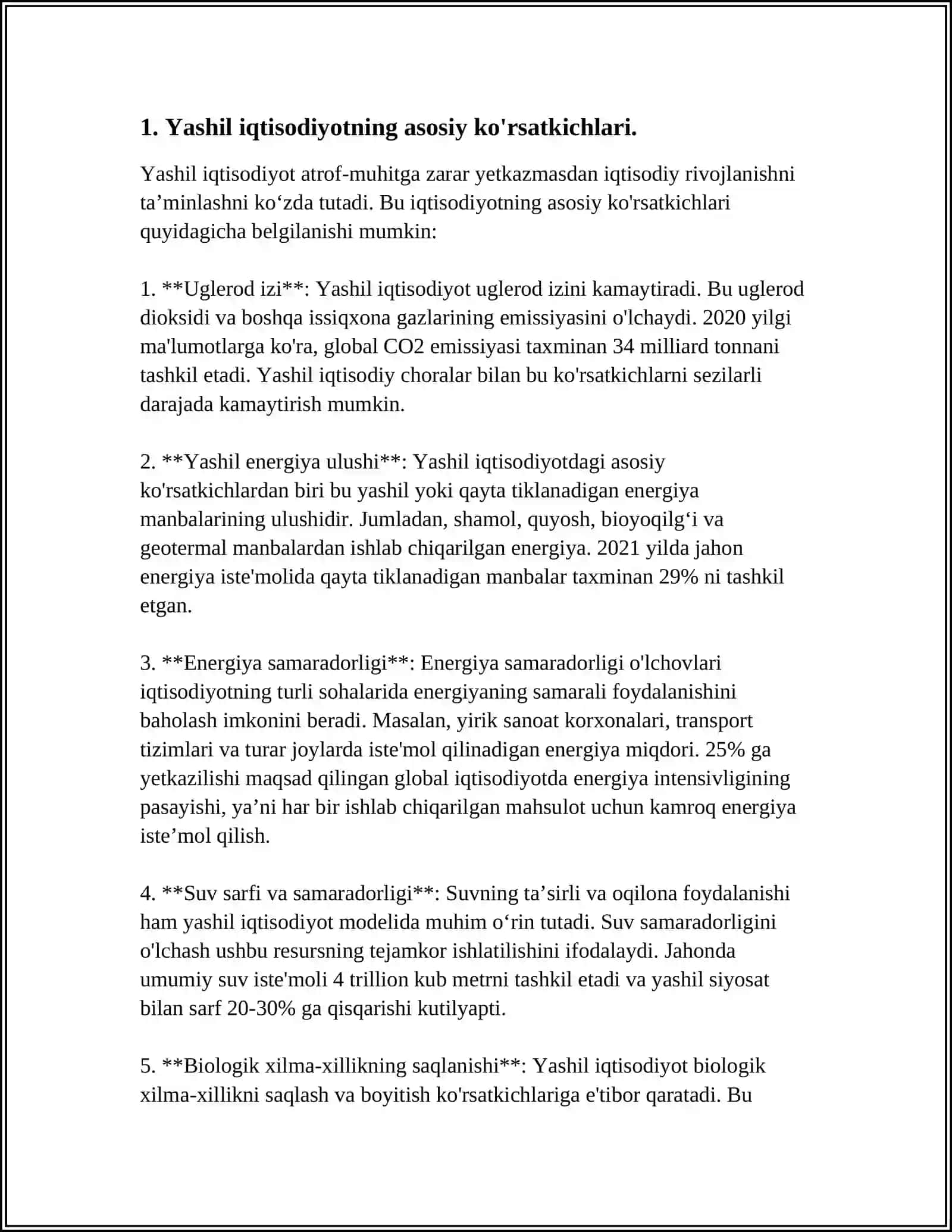 “YASHIL IQTISODIYOT”NI TAVSIFLOVCHI KO’RSATKICHLAR TIZMINI 3