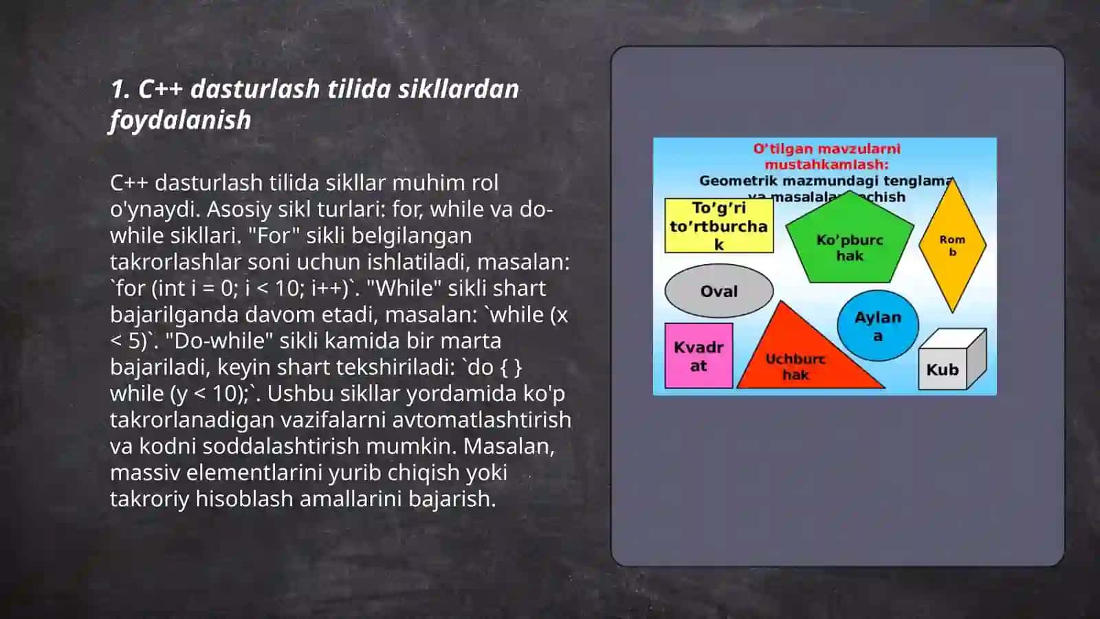 C++ dasturlash tilida for sikli yordamida geometrik progressiyani hadini hisoblash 3