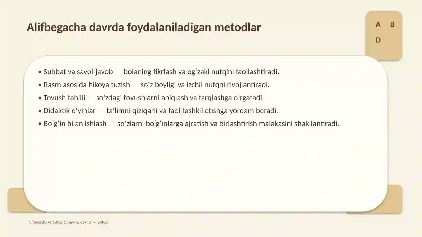 Alifbegacha savodga o‘rgatish metodikasi: alifbegacha va alifbedan keyingi davrlar 3