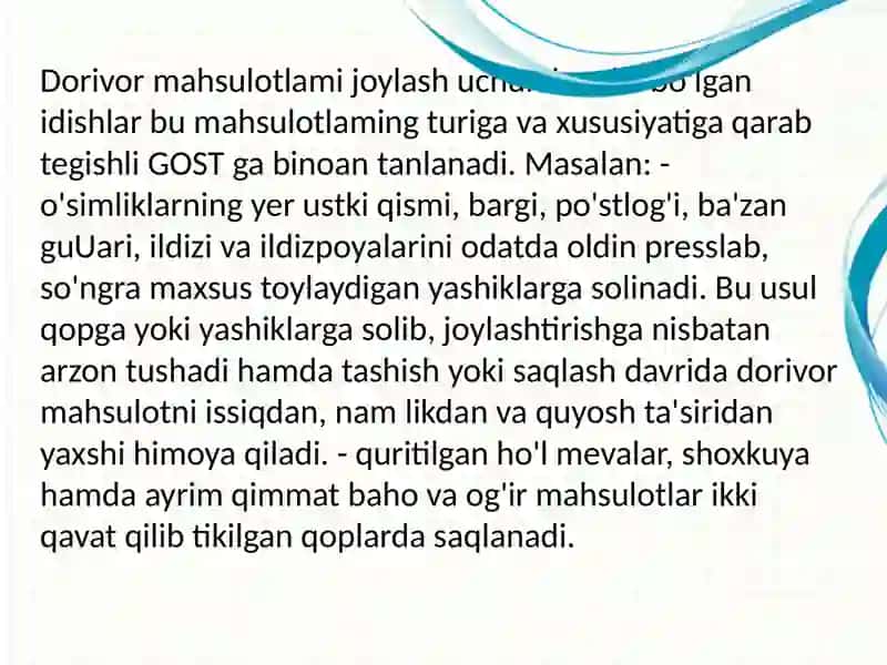 Dorivor o'simliklarni joylashtirish, tayyorlash, markirovkalash 3