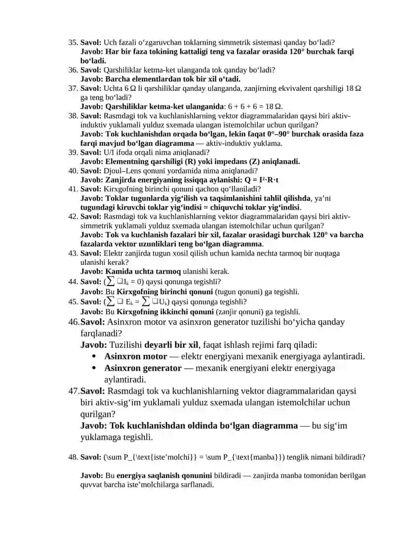 Rasmdagi tok va kuchlanishlarning vektor diagrammalari 3
