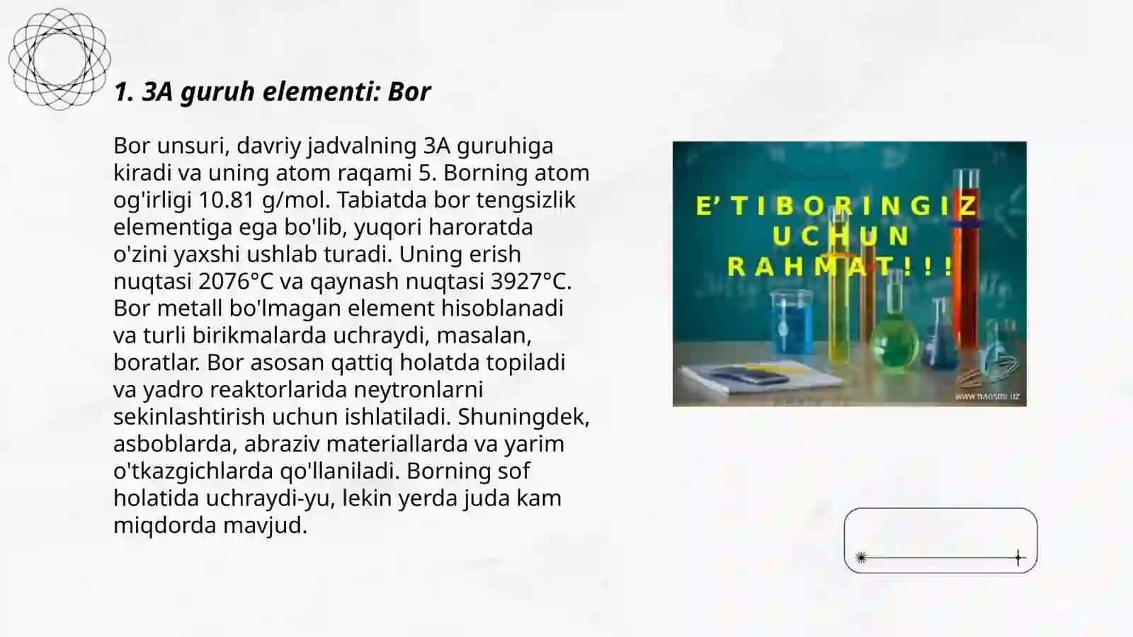 Davriy sistemaning asosiy guruppacha 3A guruh elementlari 3