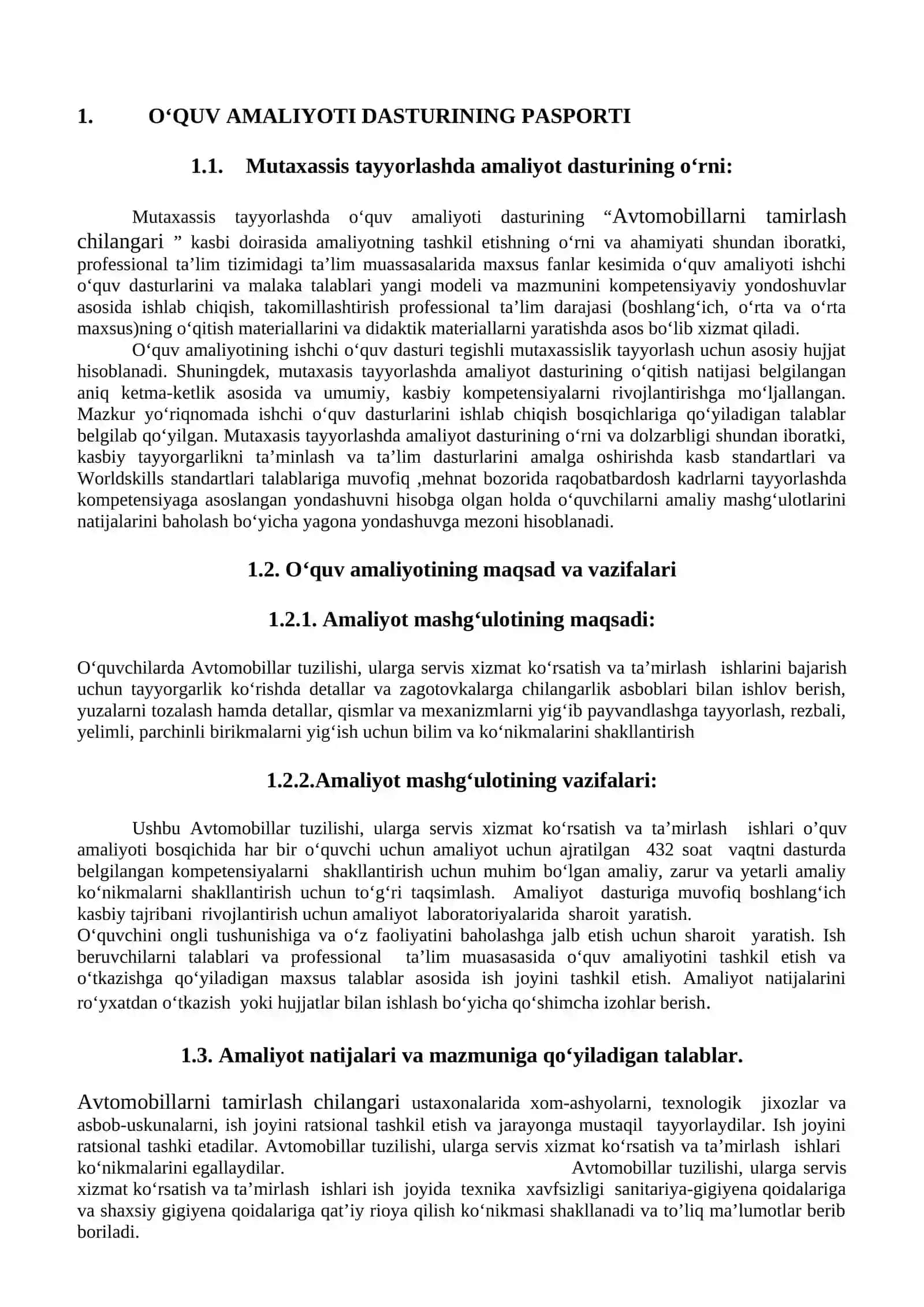 Avtomobillar tuzilishi, ularga servis xizmat ko‘rsatish va ta’mirlash ishlari o`quv amaliyoti 3