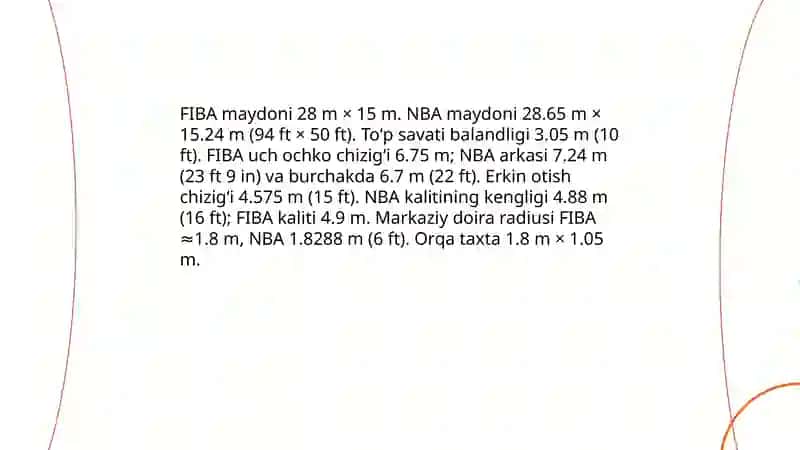 Basketbol oʻyin maydoni olchamlari va qoidalari 3