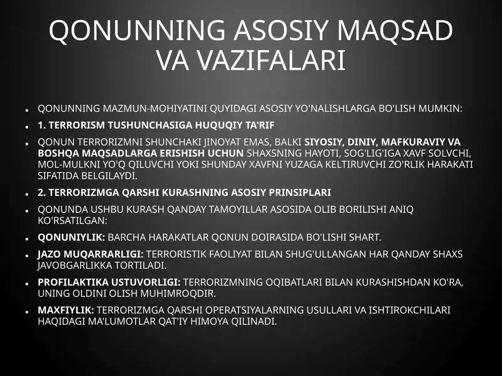 Reja: Qonunning asosiy maqsadlari 3