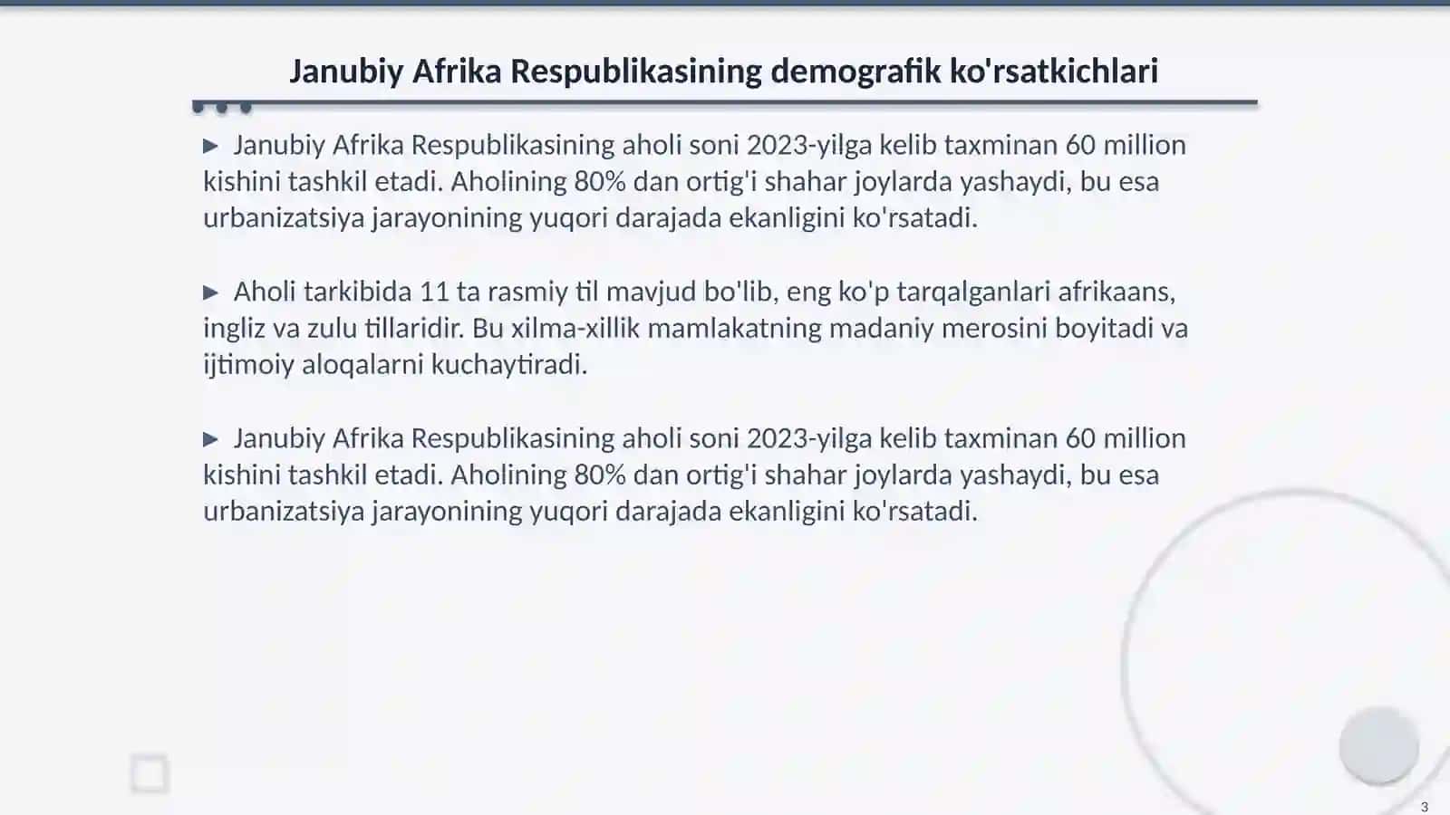 Afrika mamlakatlari aholisi va xo'jaligi. Janubiy Afrika Respublikasi 3