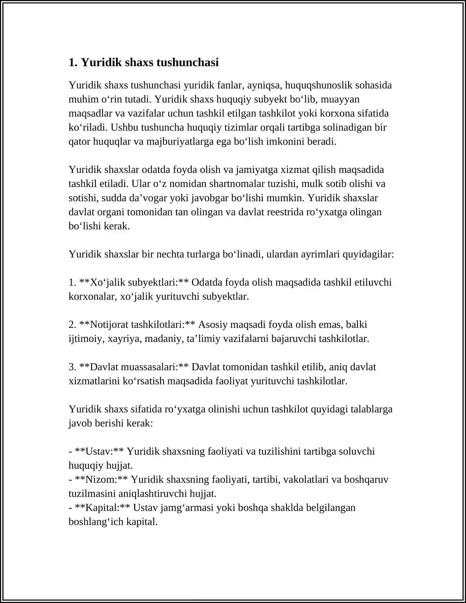 MUSTAQIL ISH Mavzu: YURIDIK SHAXSLAR TUSHUNCHASI VA BELGILARI 3