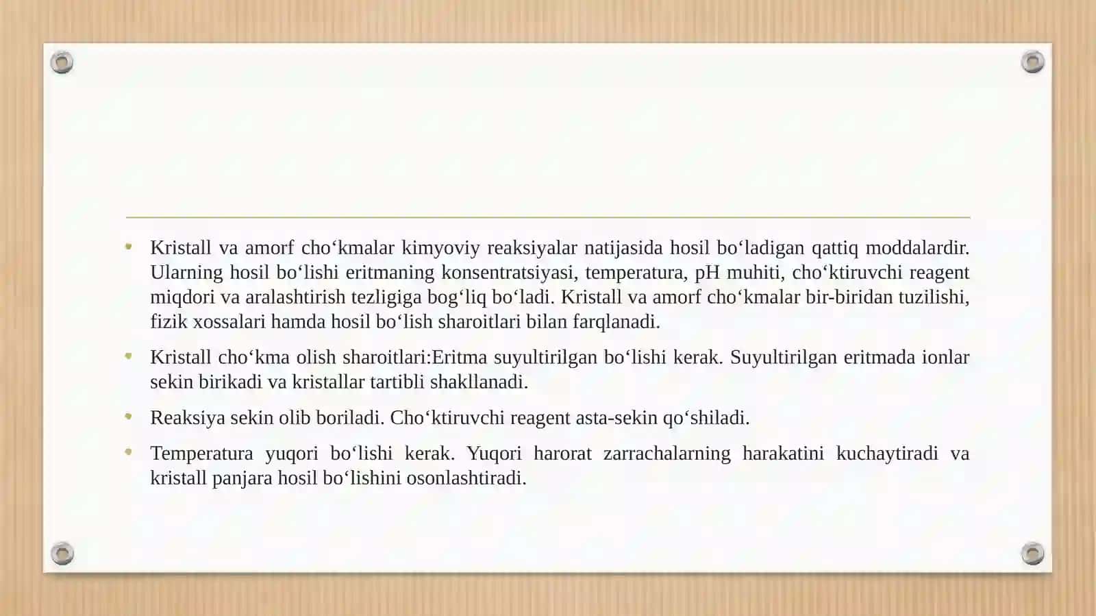 Kristall va amorf cho‘kma olish sharoitlar. 3