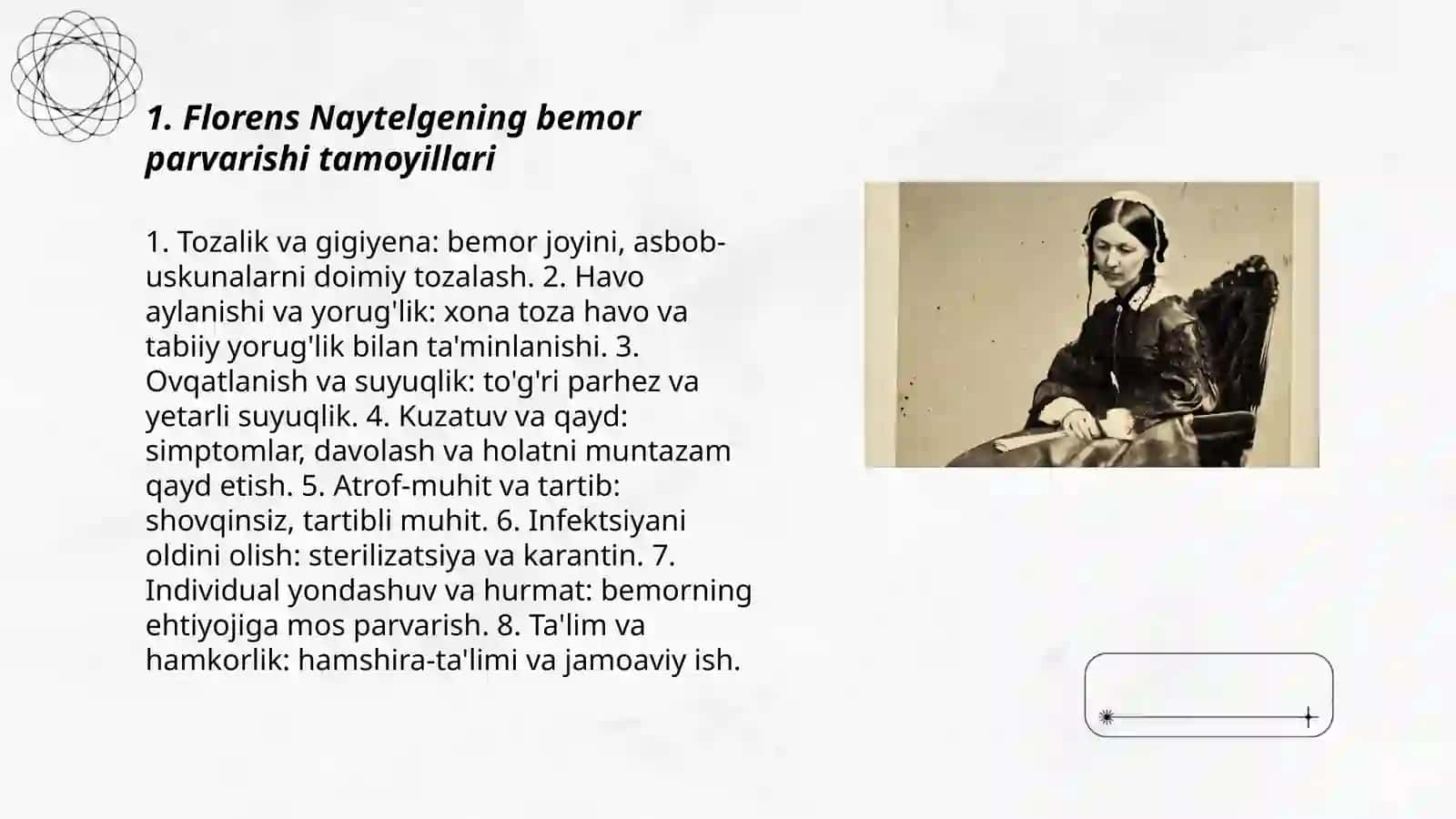Florens Naytelgening bemorlarni parvarishlash haqida 3