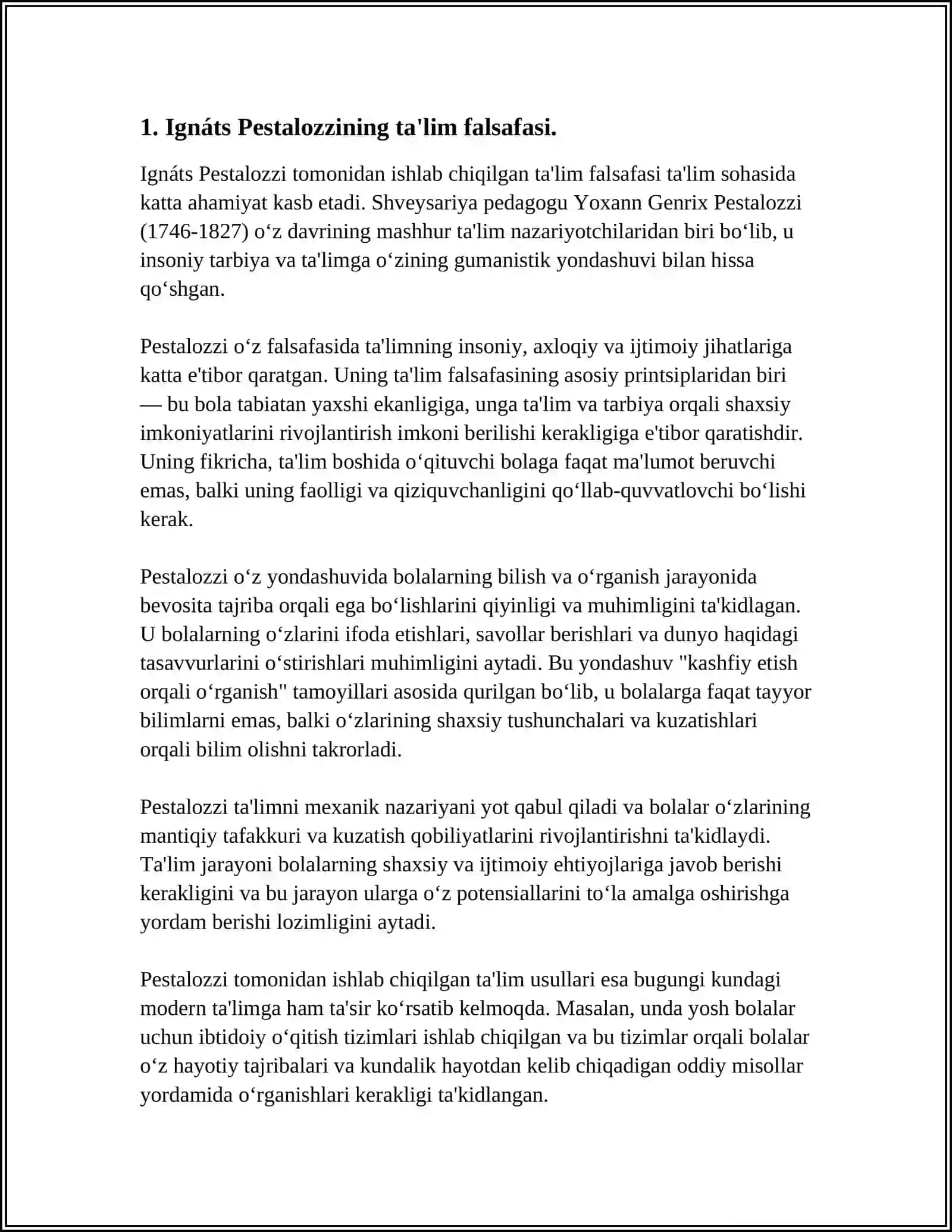 I.G. PESTOLOTSINING PEDAGOGIK QARASHLARI TAHLILI 3