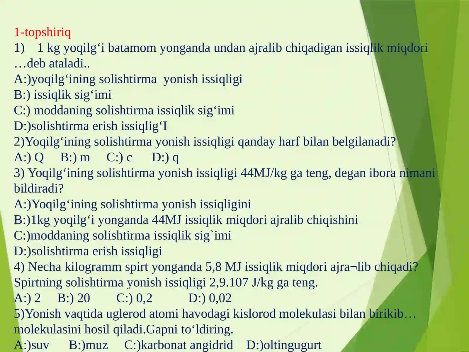 Termodinamikaning birinchi qonuni. 9-sinf fizika fanidan dars ishlanma 3