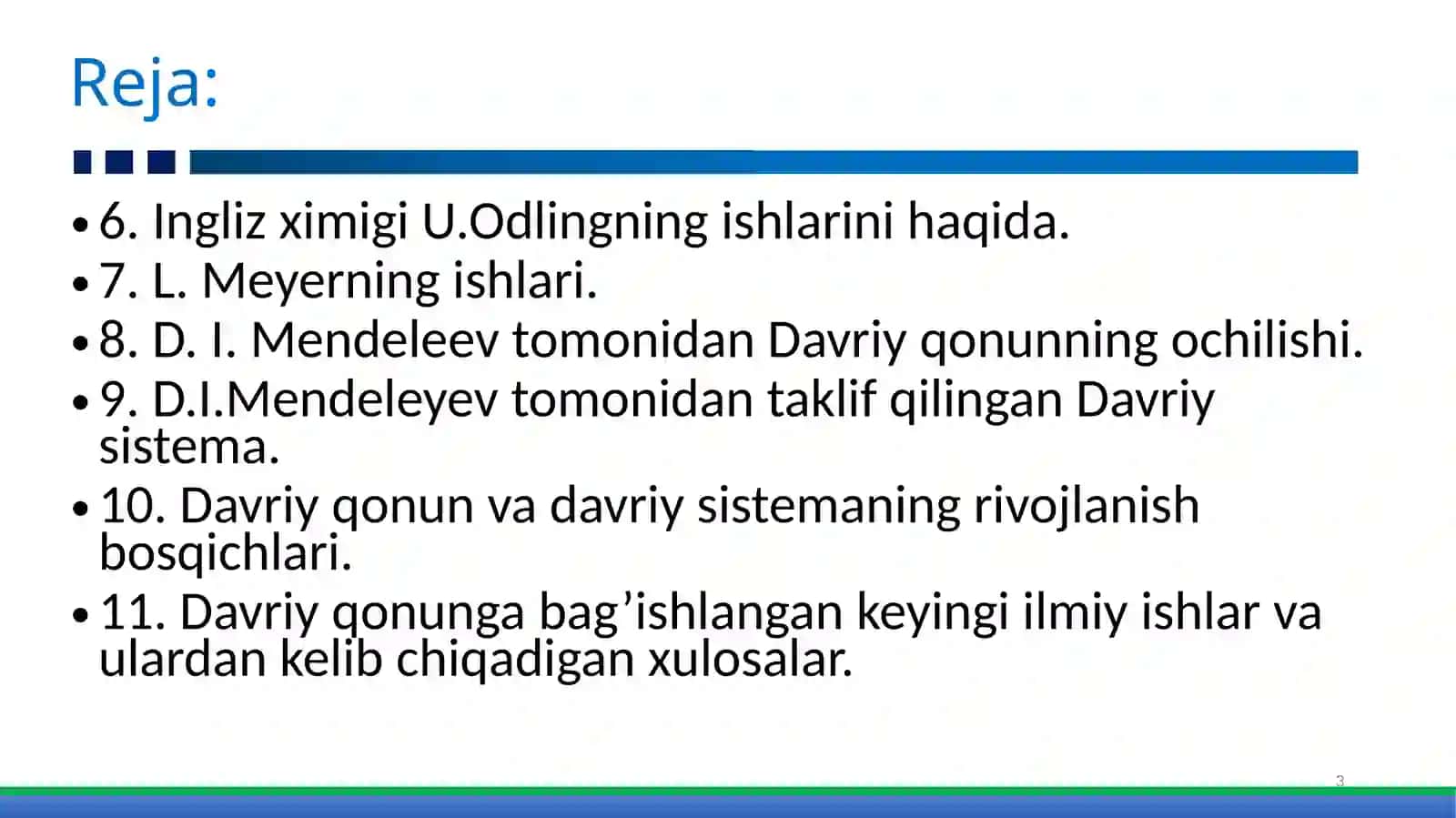 D.I.MENDELEYEV TOMONIDAN DAVRIY QONUNNING OCHILISHI 3