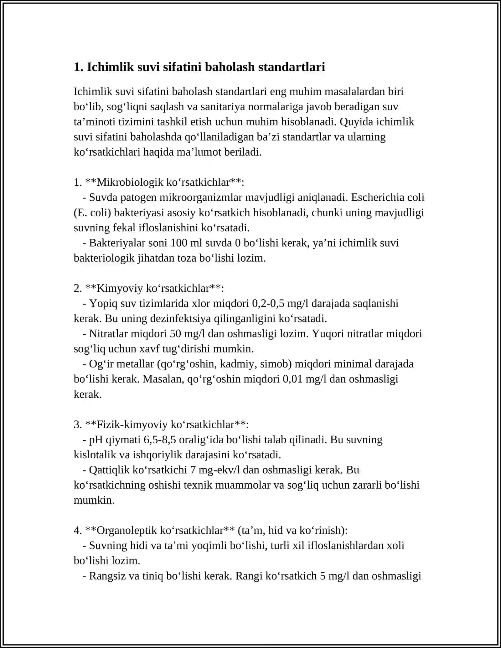 Ichimlik suvi sifatini baholash standartlari 3