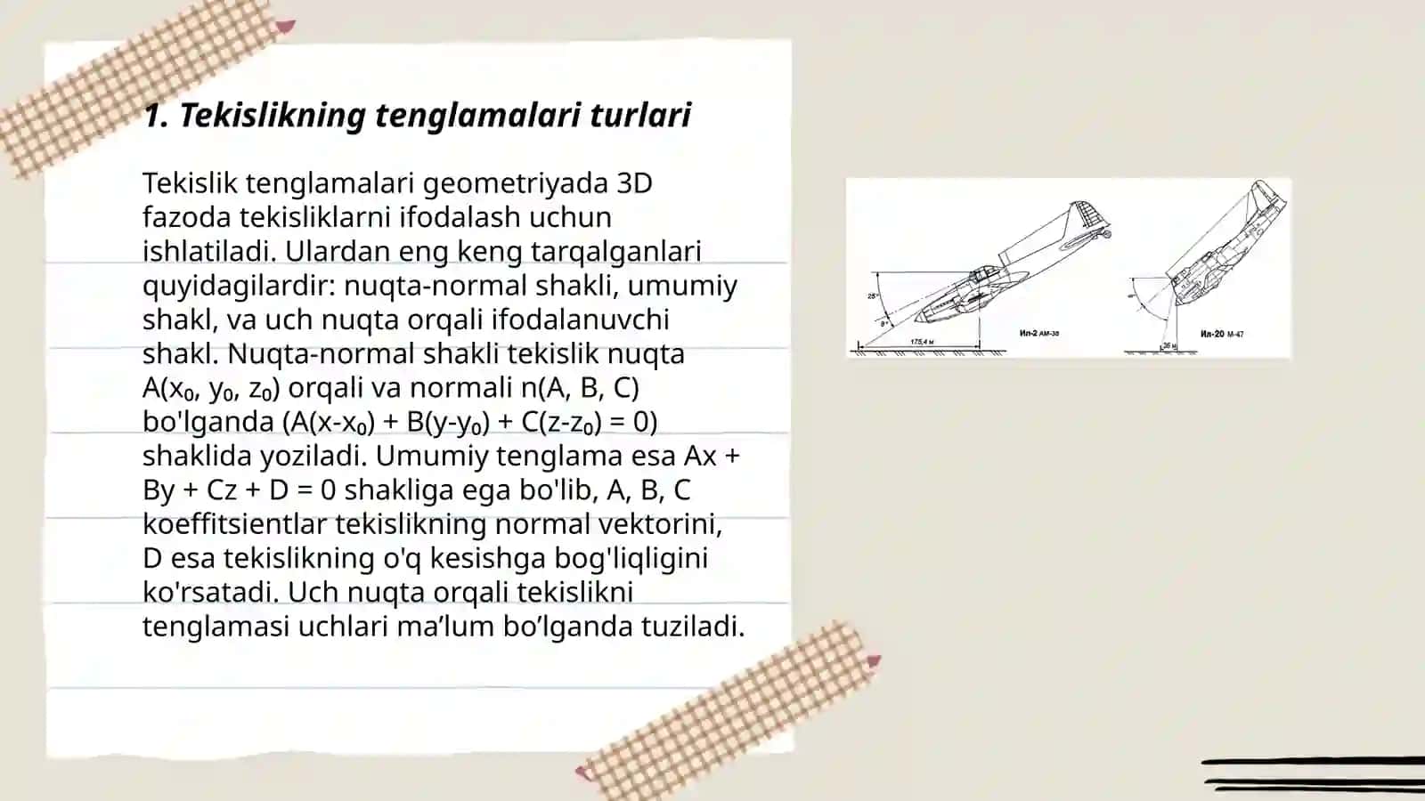 Tekislikning tenglamalari turlari 3