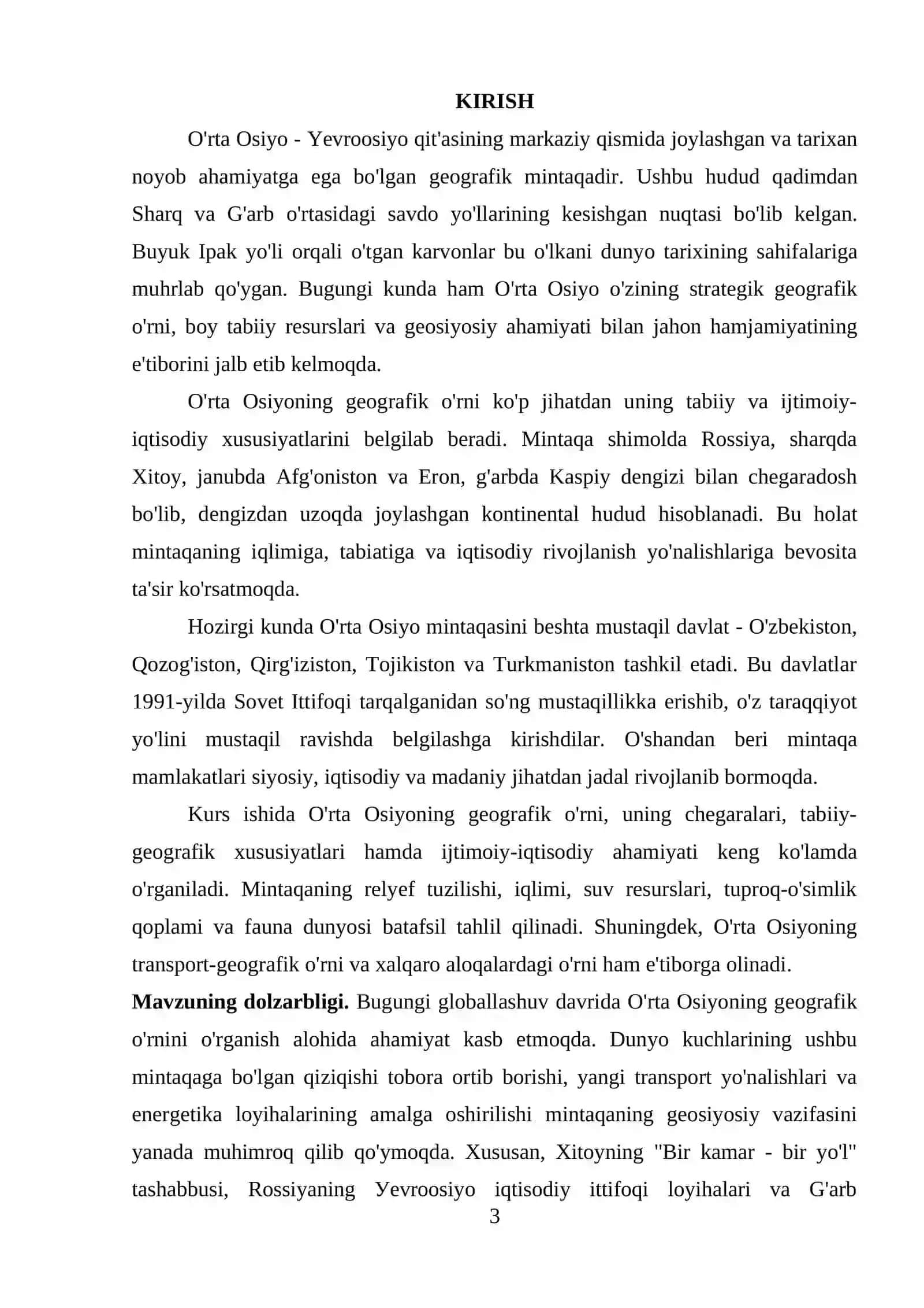 О`rtа Оsiуоning Gеоgrаfik о`rin xususiуаtlаri mavzusida kurs ishi wordda 3