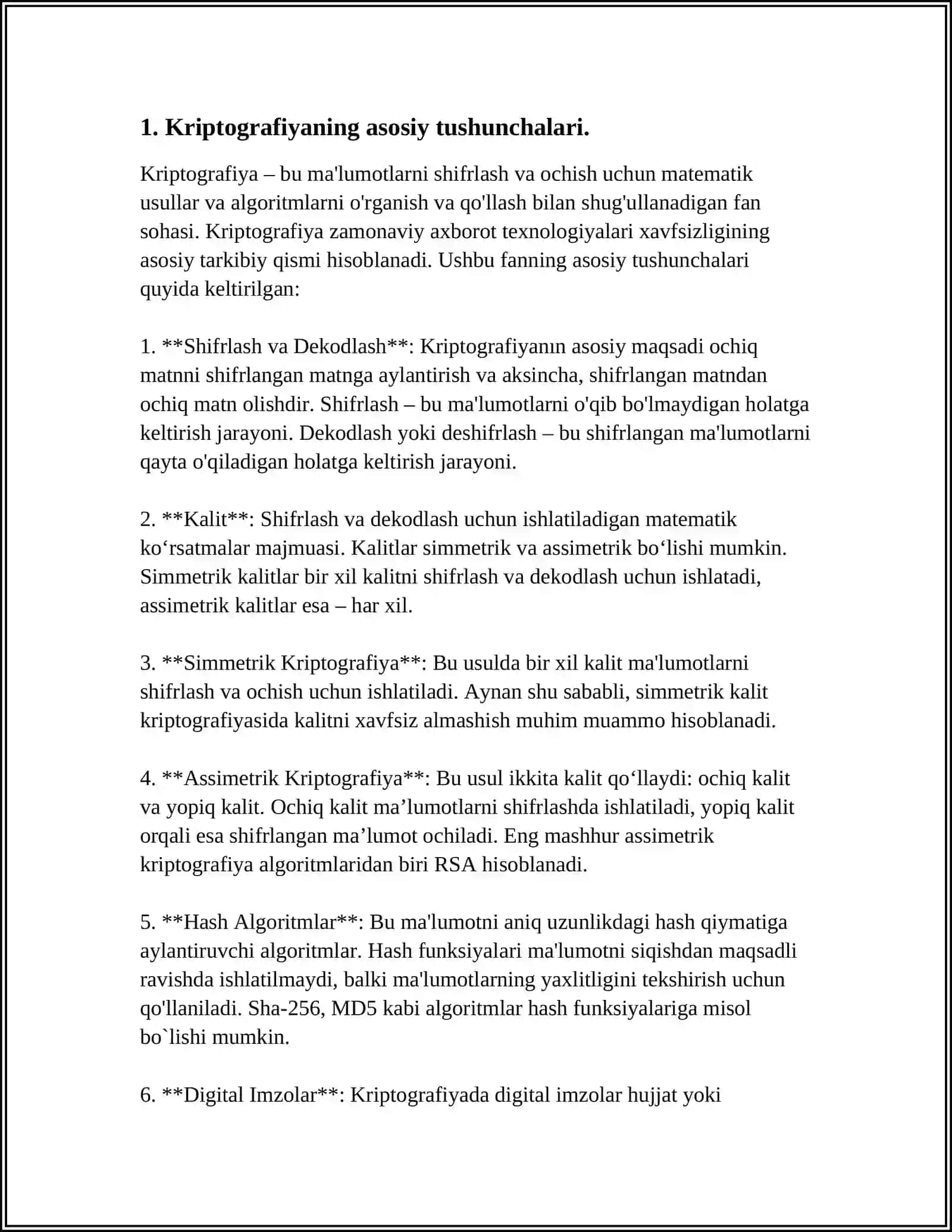 TARMOQDA UZATILUVCHI AXBOROTNI XIMOYALASHDA KRIPTOGRAFIYANING O’RNI HAQIDA MUSTAQIL ISH 3
