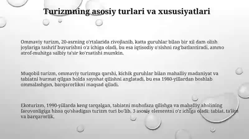 Turizmning asosiy turlari va o’ziga hos xususiyatlari 3