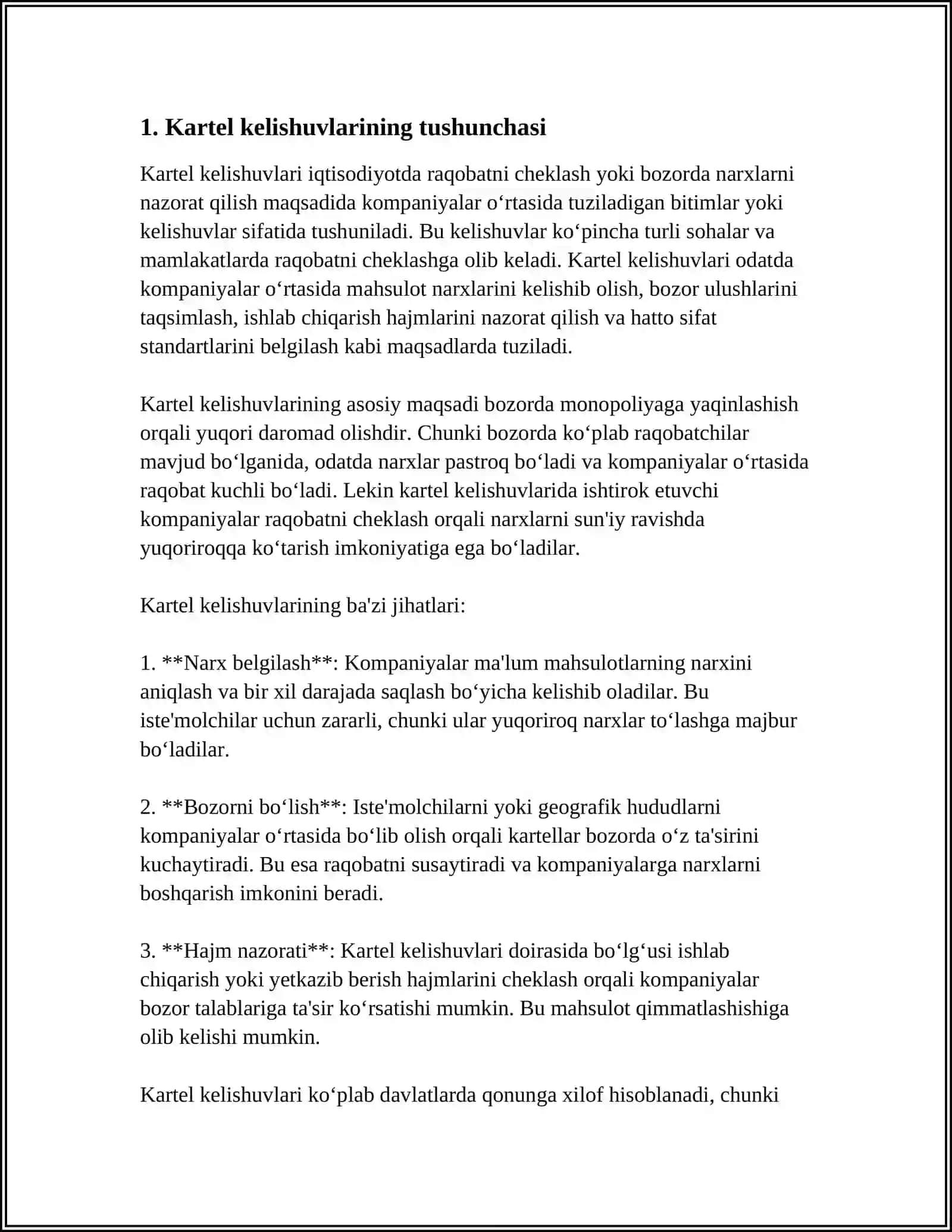 RAQOBATGA ZID (KARTEL) KELISHUVLARI 3