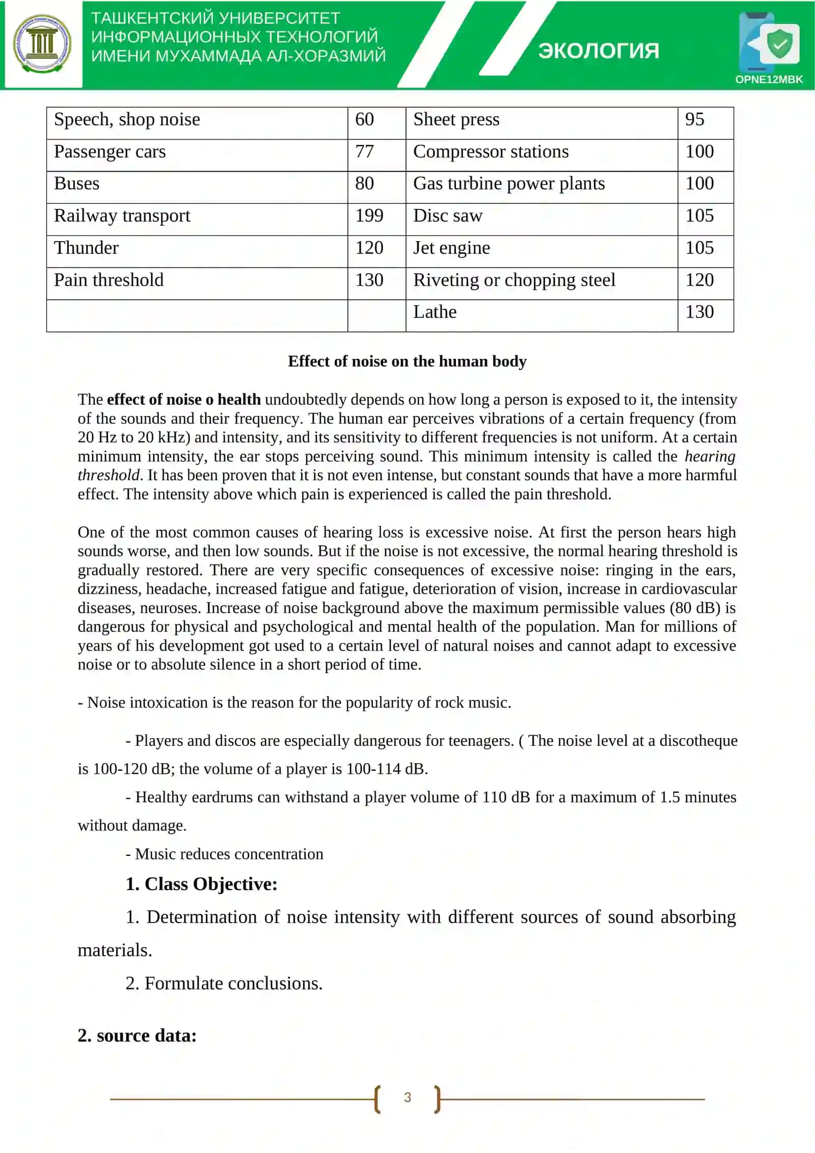 THEME 8: NOISE POLLUTION OF THE ENVIRONMENT AND ITS IMPACT ON HUMANS 3
