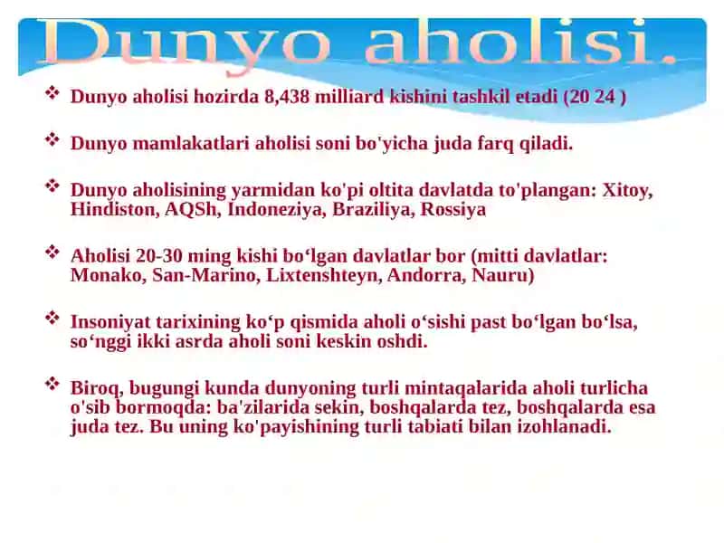 Jahon aholisi,o’sishi va uning hududiy joylashuvi. Regional xususiyatlari 3