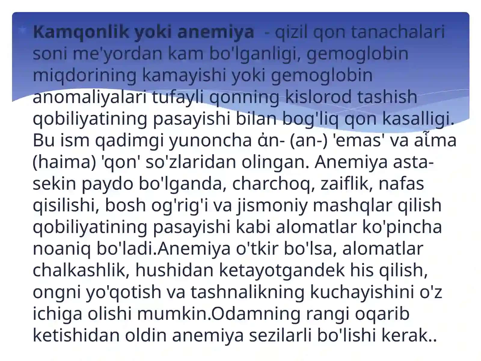 Kamqonlik turlari va sabablari. Kamqonliklar rivojlanishining biokimyoviy mexanizmlari. Leykotsitlar metabolizm xususiyatlari 3