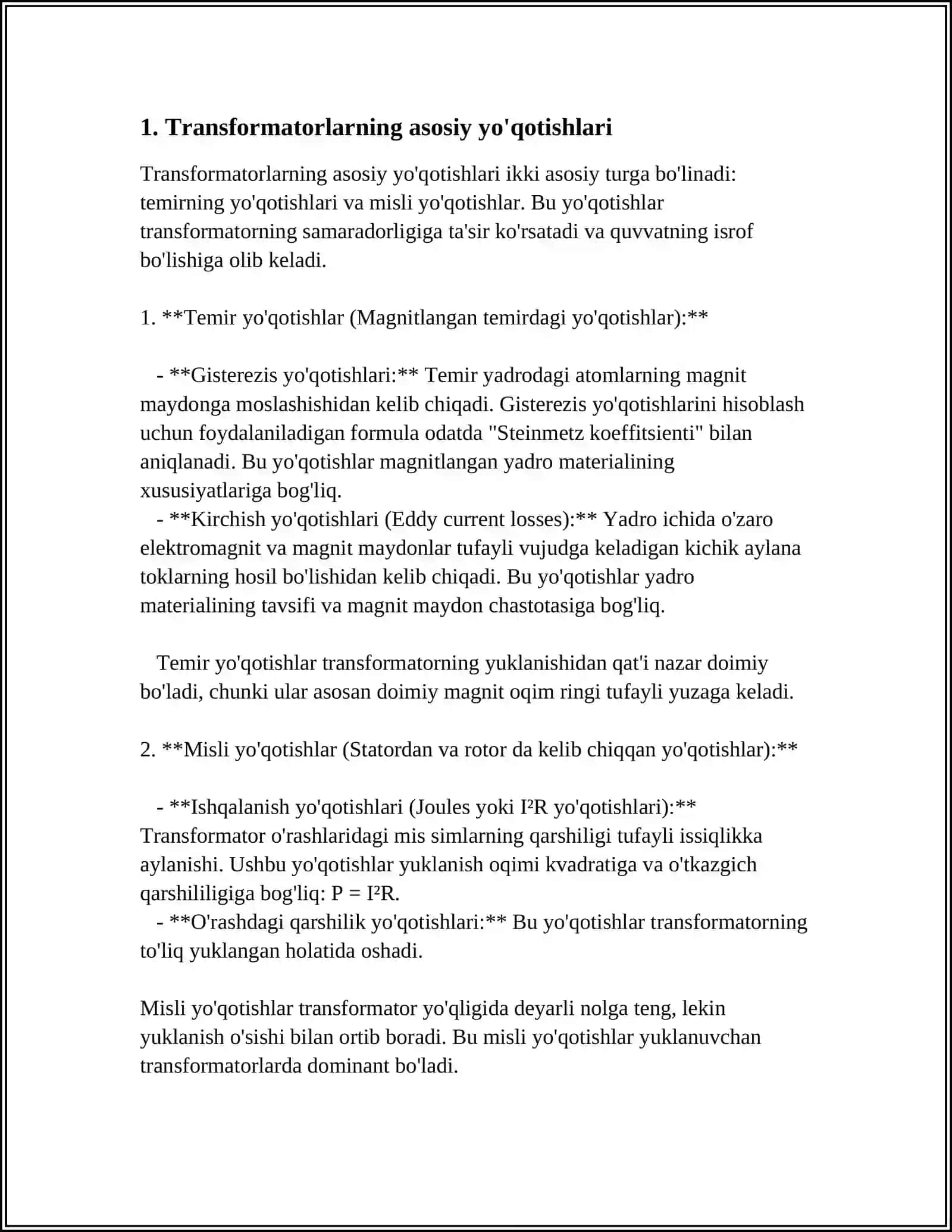 TRANSFORMATORDA KUCHLARNING YO'QOLISHI 3