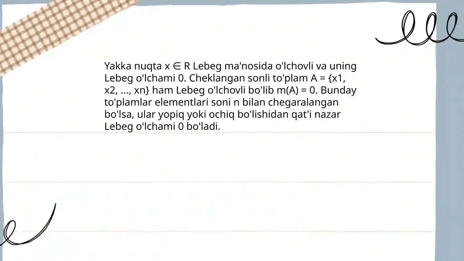 Lebeg ma'nosida o'lchovli bo'lmagan to'plam misoli 3