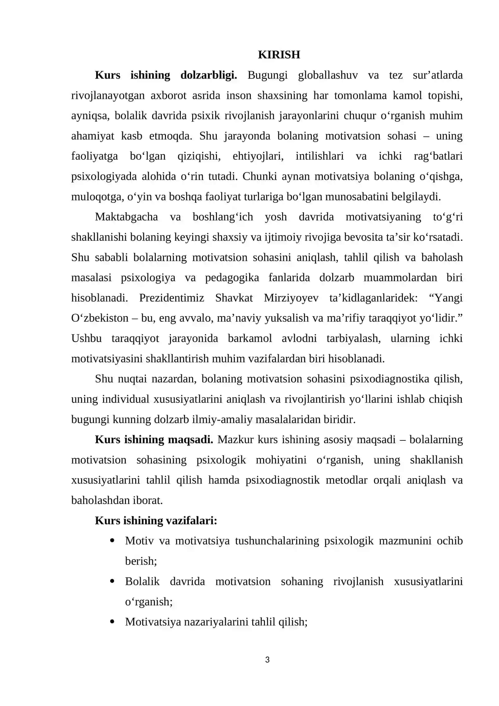 Bolaning motivatsiyon sohasining psixodiagnostikasi kurs ishi 3