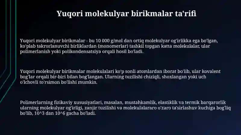 Yuqori molekulyar birikmalar ta'rifi 3