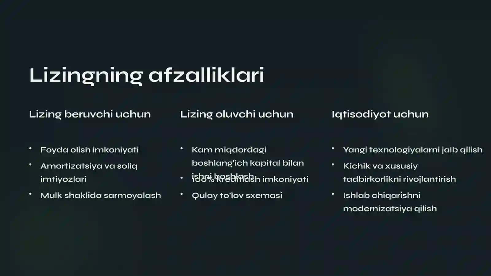 Investitsiyalarni moliyalashtirish: Lizing mexanizmi 3