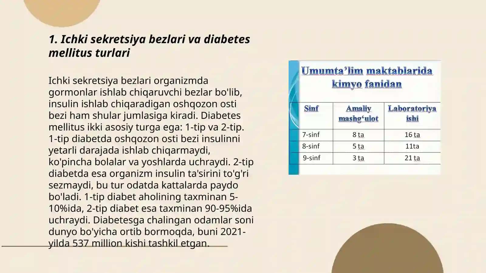 Ichki sekretiya bezlari (qantli diyabet), nafas olish azolari (til va bronxiyal astma) kasaliklari bilan og'rigan maktab o'qtuvchilari bilan mashg'ulotlar o'tkazish tamoyilari 3