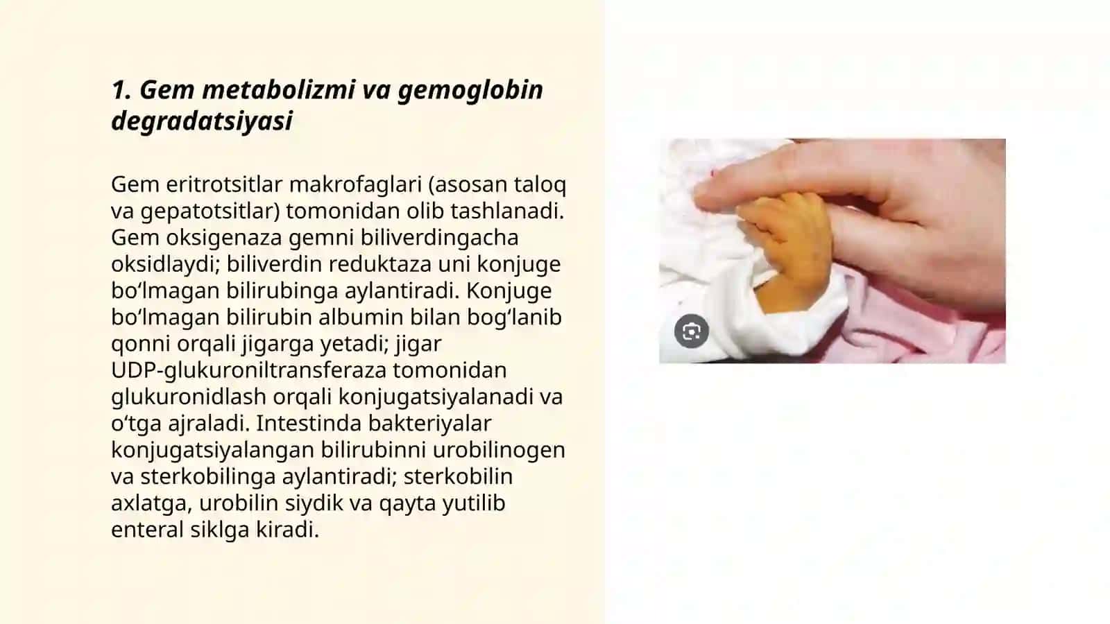 Gem metabolizmi, sariqlik va uning xillari. Chaqaloqlarda kuzatiladigan fiziologik va patologik sariqlik 3