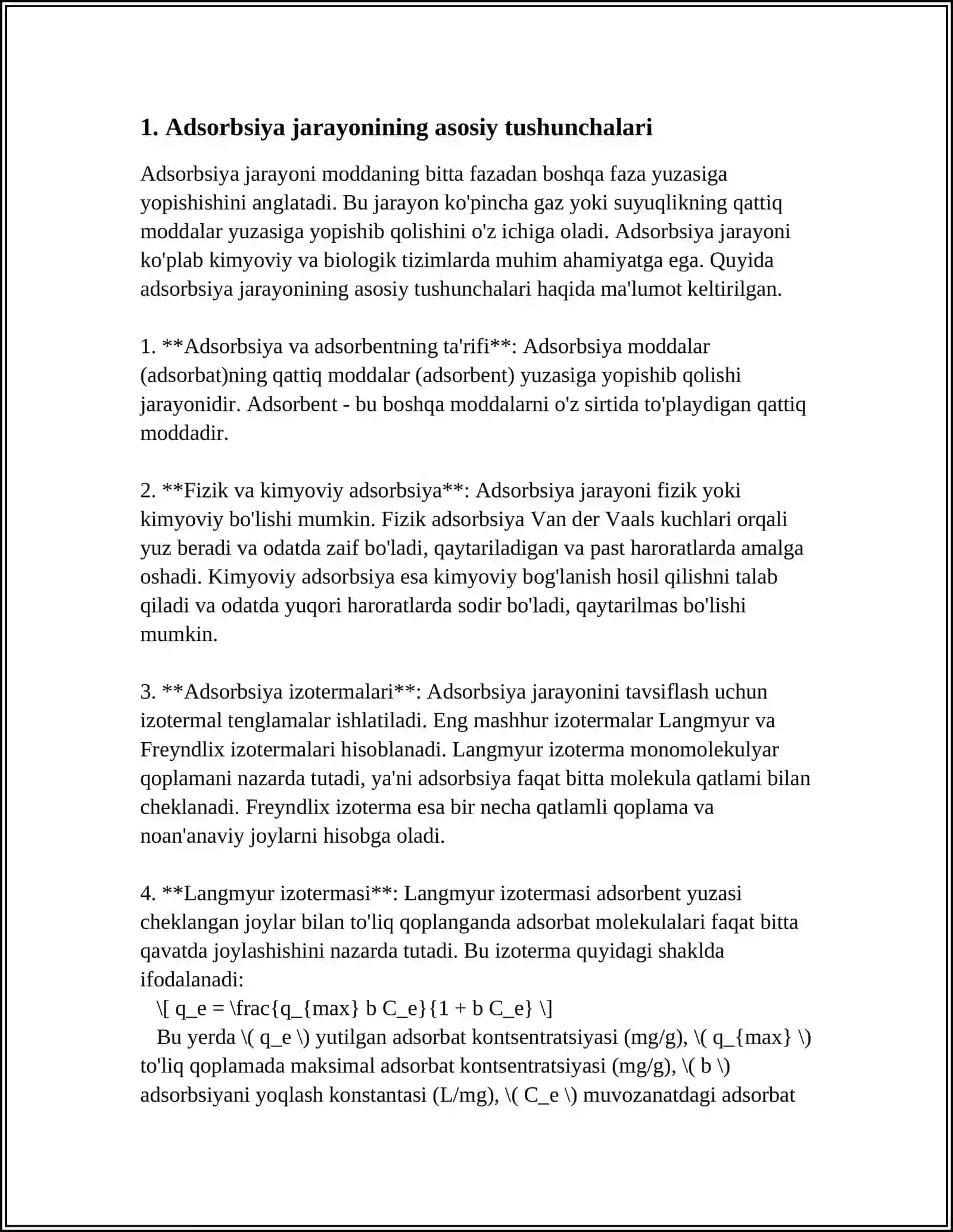 Adsorbsiya Processlarin Matematikaliq Modellestiriw 3