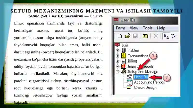 Setuid(Set User ID) mexanizmining tushunchasi va operatsion tizimlardagi qo'llanilishi. 3