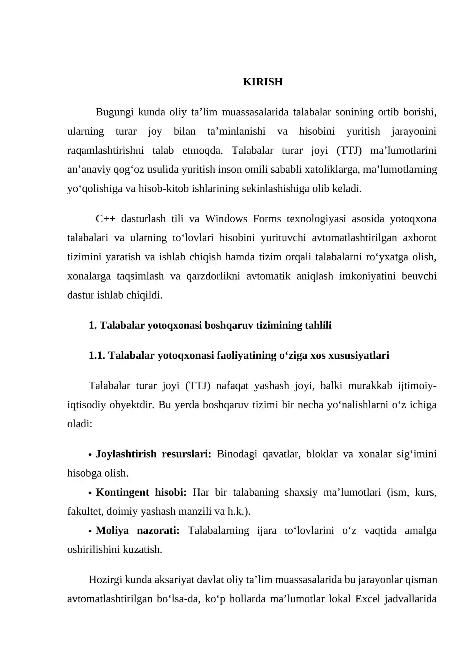 Visual Studio | Kurs ishi - TALABALR YOTOQXONASI JOYLASHUVI VA TO‘LOVLARINI BOSHQARISH DASTUR ILOVASINI YARATISH 3