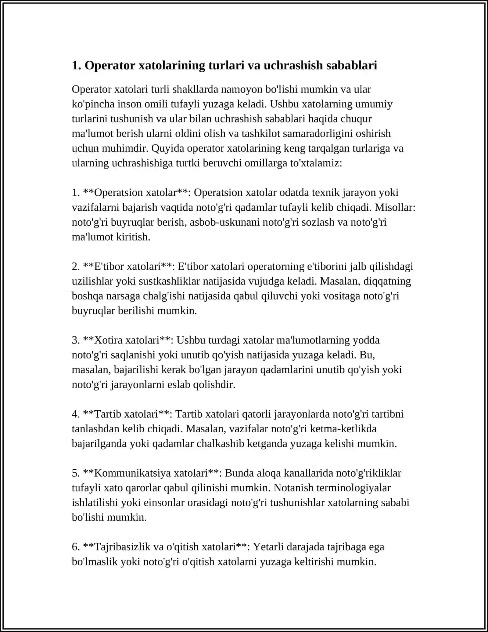 OPERATOR XATOSI VA ULARNING OLDINI OLISH BO'YICHA CHORALAR 3