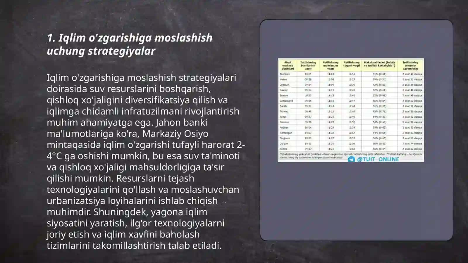 Iqlim oʻzgarishlari oqibatiga moslashish va tabiiy resurslardan oqilona foydalanish yoʻllari Sattorov Ibrohim 3