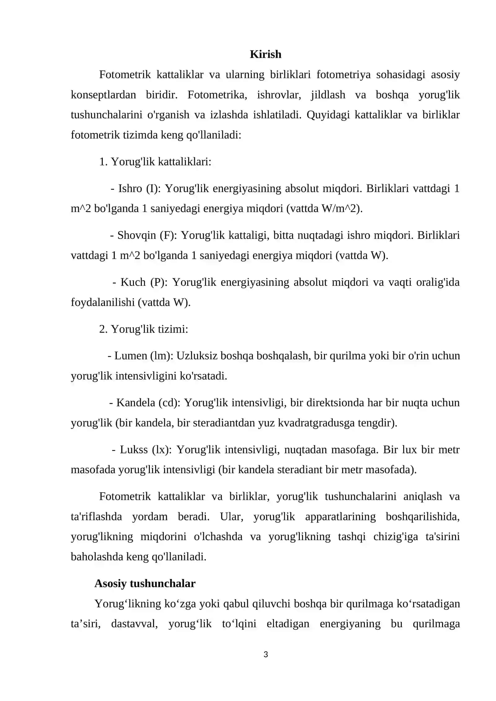 Fotometrik kattaliklar va ularning birliklar 3