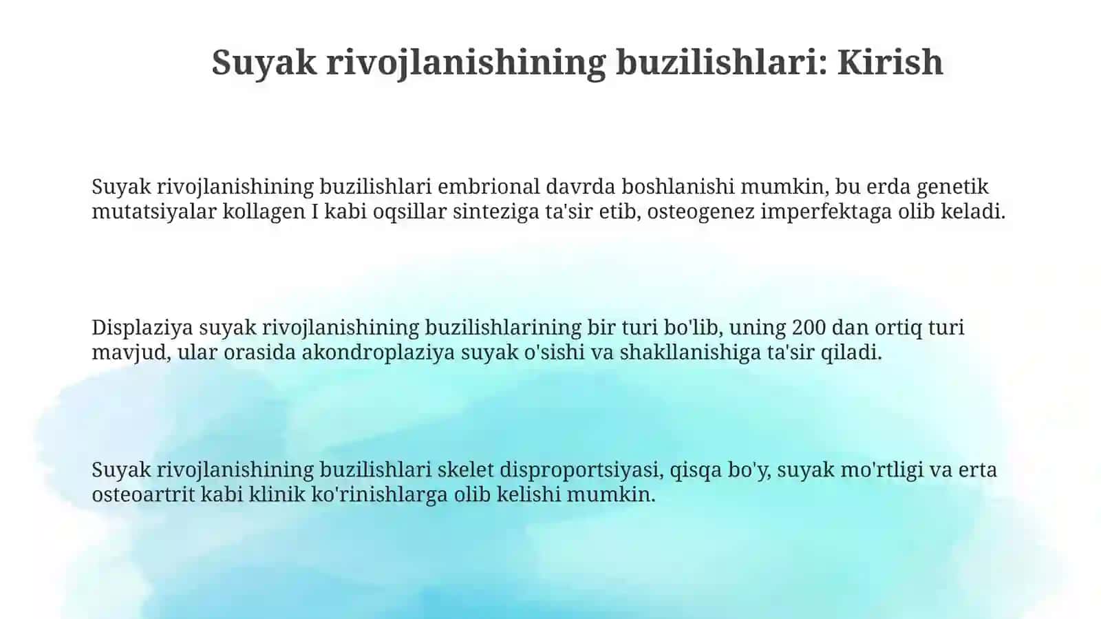 Tibbiyot fakulteti Stomatologiya - Mavzu: Suyaklarni rivojlanishini buzilishlari. Sinishlar. Osteonekroz 3