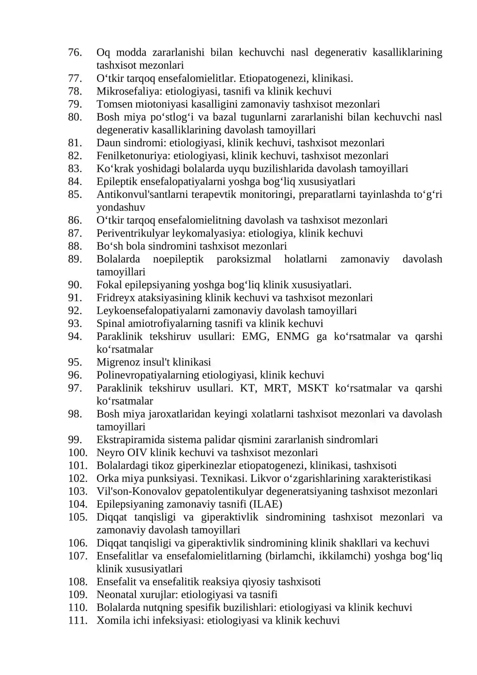 Bolalar nevrologiyasi mutaxassisligi bo’yicha shakllantirilgan og’zaki savollar ro’yxati 3