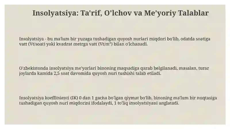 Insolyatsiya: Ta'rif, O'lchov va Me'yoriy Talablar 3