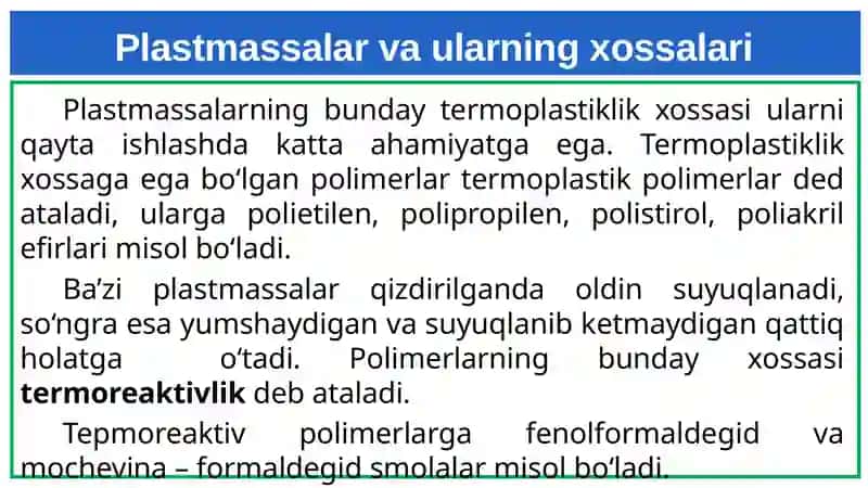 Plastmassalar va ularning xalq xo‘jaligida ishlatilishi 3