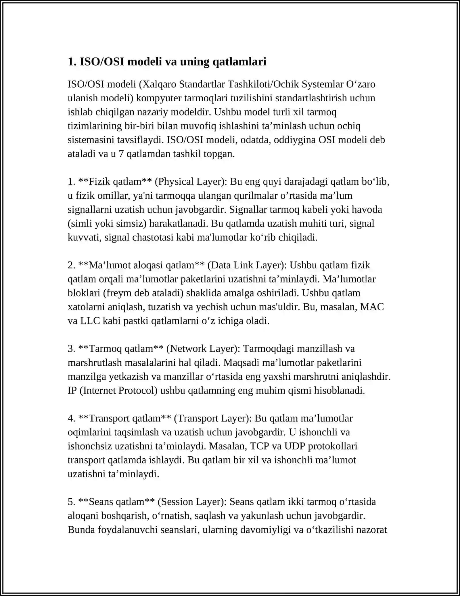 KOMPYUTER TARMOQLARINING ASOSIY TURLARI ISO/OSI MODELI. STANDART TARMOQ PROTOKOLLARI 3