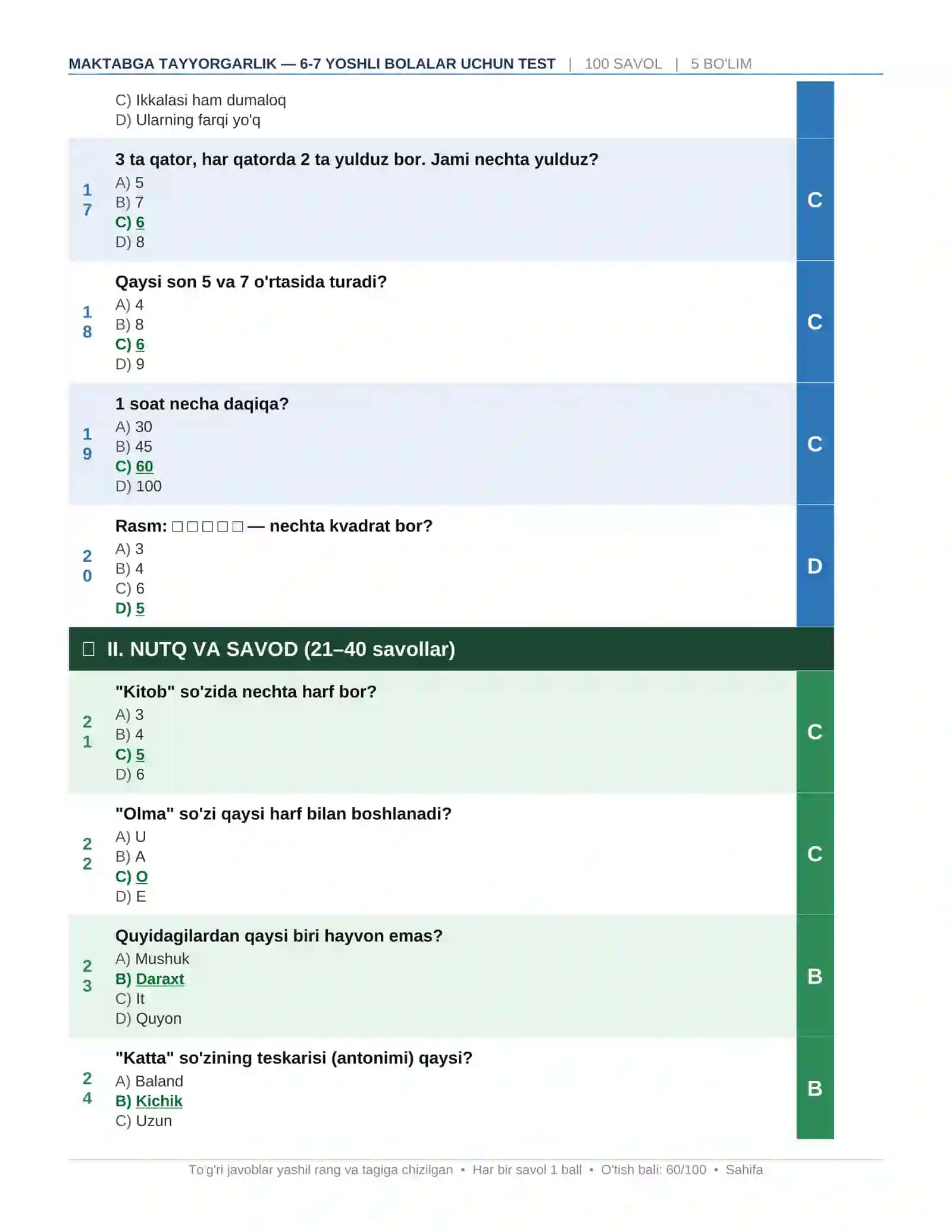 Maktabga Tayyorgarlik — 6-7 Yoshli Bolalar Uchun 100 Savollik Diagnostik Test (Javoblar bilan) 3