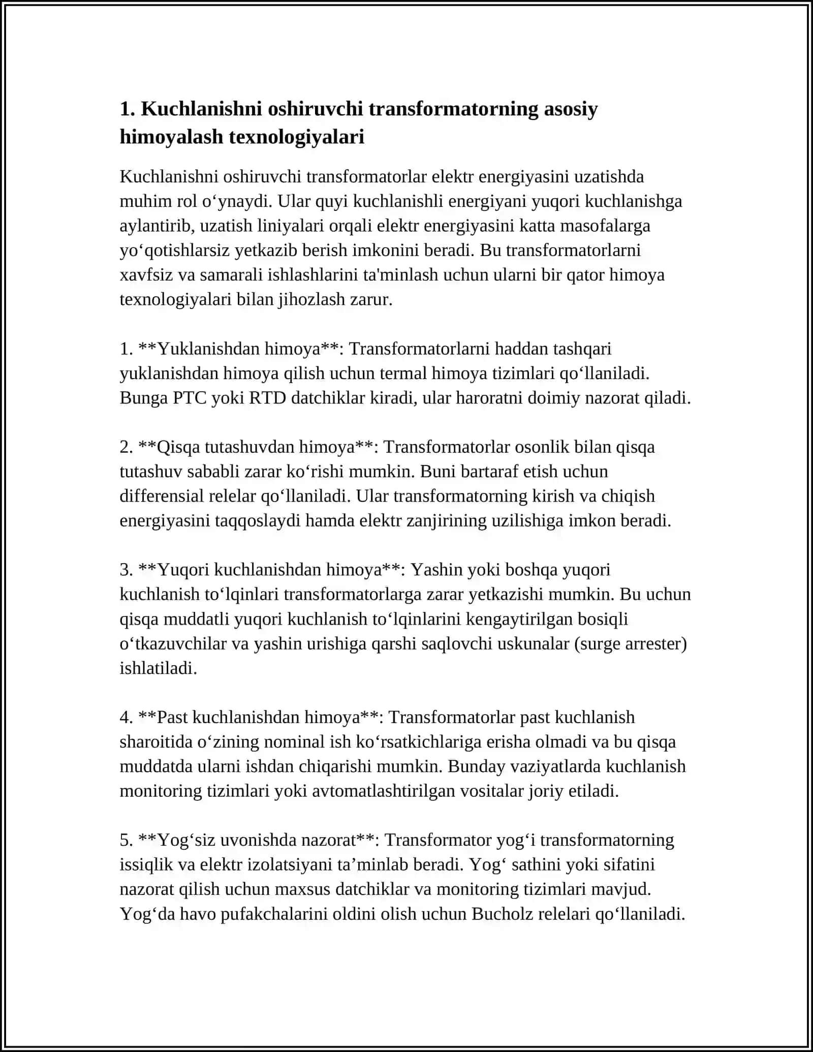 KUCHLANISHNI OSHIRUVCHI TRANSFORMATOR HIMOYALARI 3